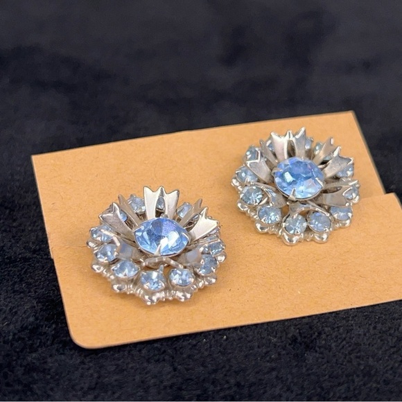 VINTAGE SILVER BLUE CLIP ON EARRINGS RETRO WEDDING EVENT FORMAL - Picture 2 of 6